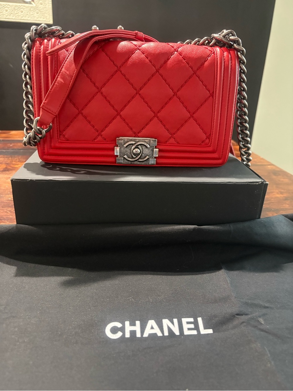 Chanel Red Quilted leBoy Chain Shoulder Bag - Picture 1 of 14